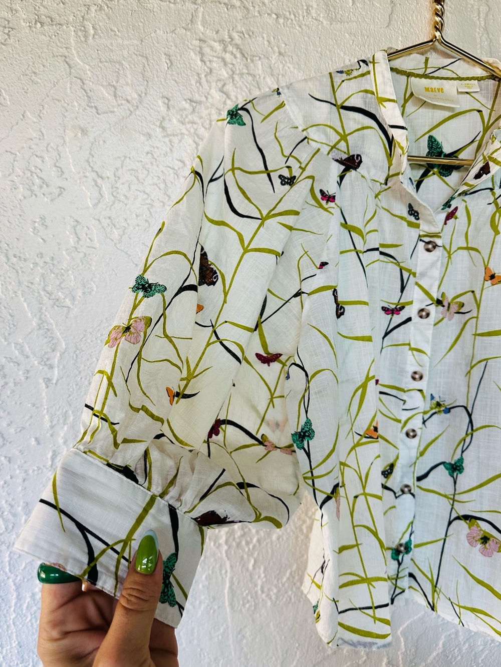 Anthropologie Maeve Butterfly Floral Boho Cotton Puff Sleeve Collared Blouse Top - Picture 7 of 10